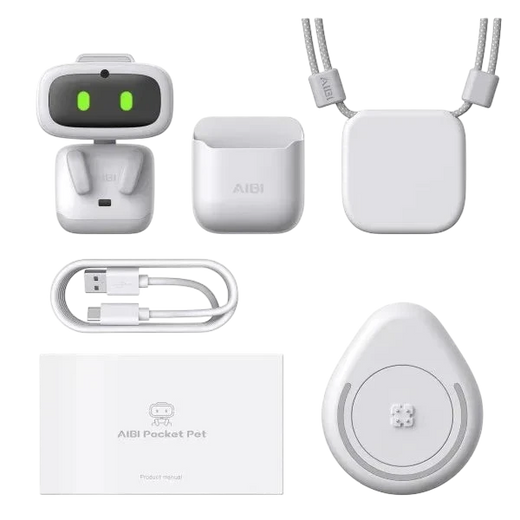 zero2cart smart interactive robot pet toy set with white robot, charging case, neck strap, cable, and manual