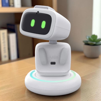 zero2cart smart interactive robot toy with white plastic body, rotating camera, and glowing green digital eyes