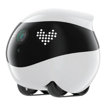 zero2cart smart pet companion camera robot in white and black with a heart-shaped LED display and rolling wheels