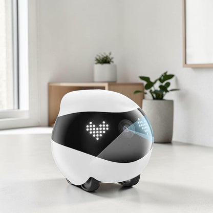 zero2cart white smart pet companion camera robot with a heart-shaped LED display on a bright indoor floor