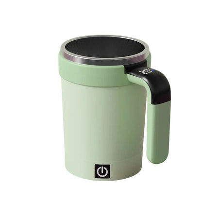 zero2cart green smart self-stirring coffee mug with stainless steel interior, digital temperature display, and handle.