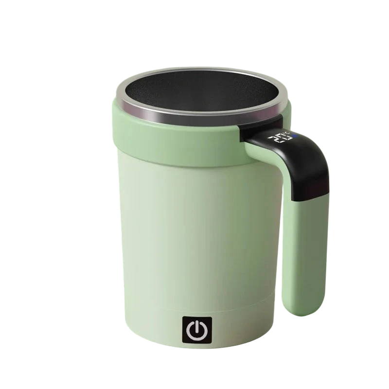 zero2cart green smart self-stirring coffee mug with stainless steel interior, digital temperature display, and handle.