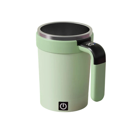 zero2cart green smart self-stirring coffee mug with stainless steel interior, digital temperature display, and handle.