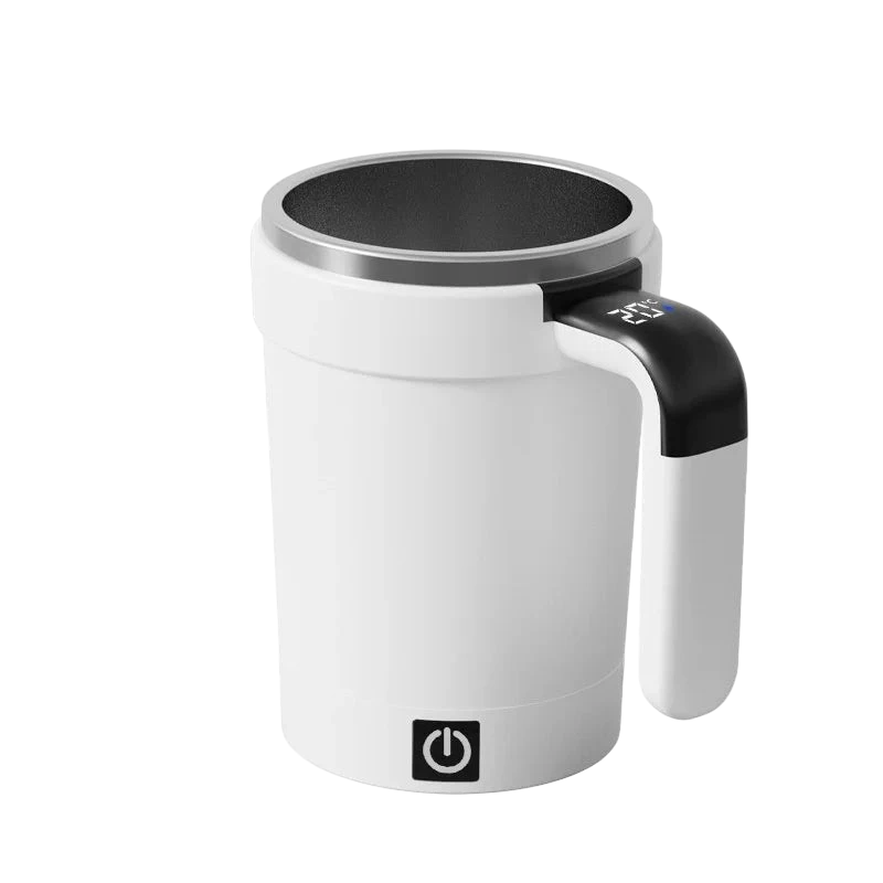 zero2cart white smart self-stirring coffee mug with stainless steel interior, temperature display, and power button.