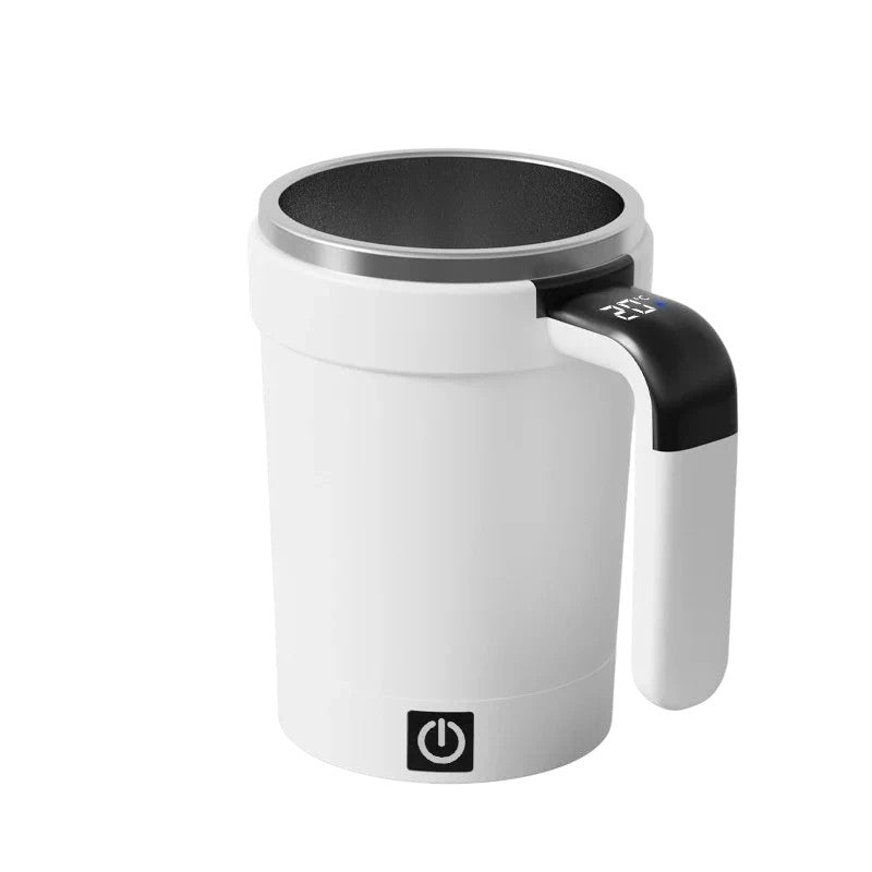 zero2cart white smart self-stirring coffee mug with stainless steel interior, temperature display, and power button.