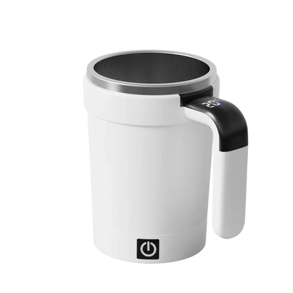 zero2cart white smart self-stirring coffee mug with stainless steel interior, temperature display, and power button.