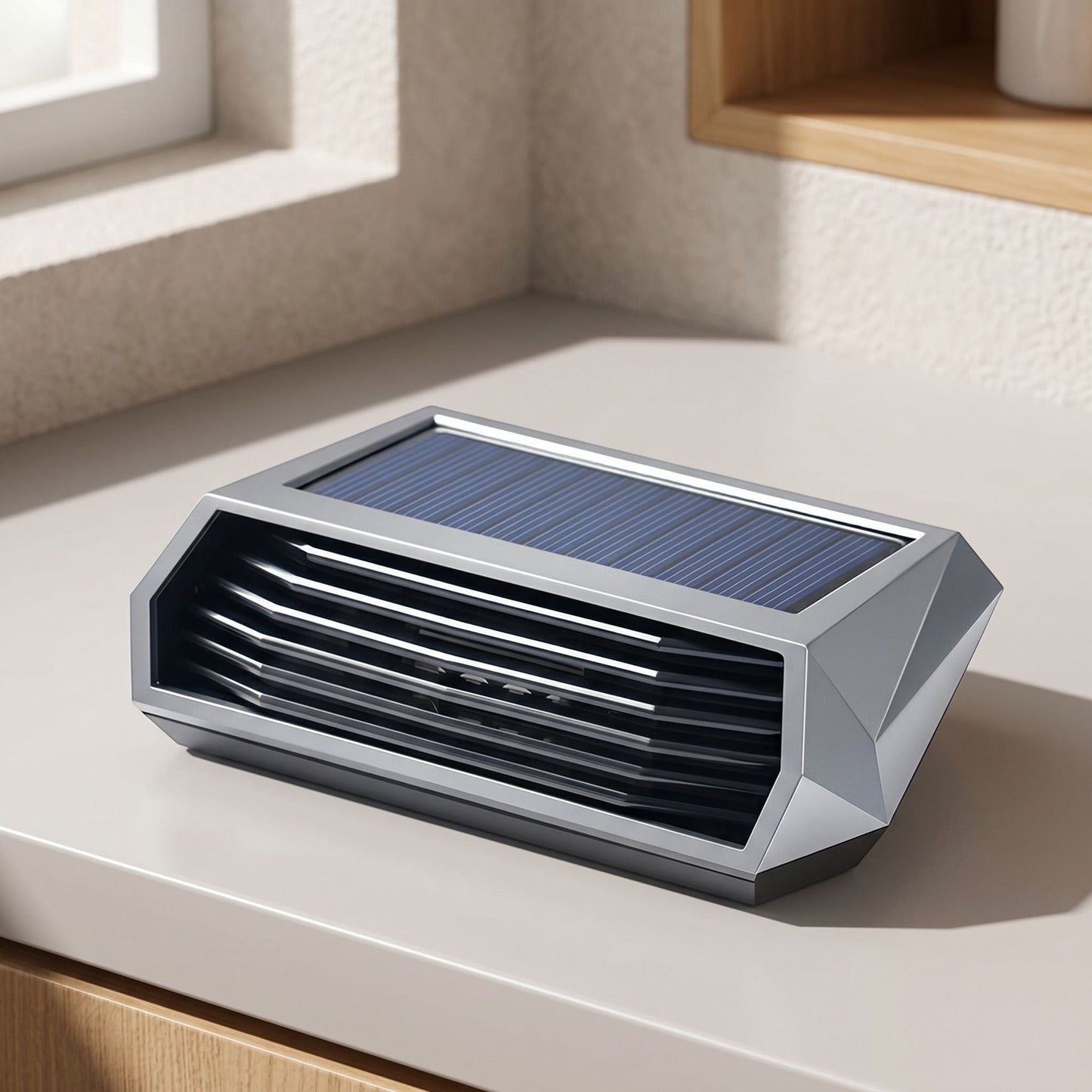 zero2cart solar-powered portable ozone air purifier with a sleek silver geometric design on a countertop.