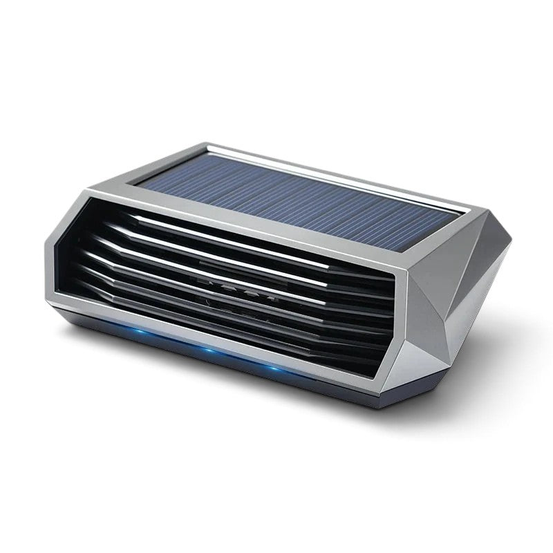 zero2cart solar-powered portable ozone car air purifier with a sleek silver metallic finish and compact design