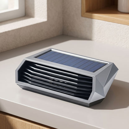 zero2cart solar-powered portable ozone air purifier with a sleek silver geometric design on a countertop.
