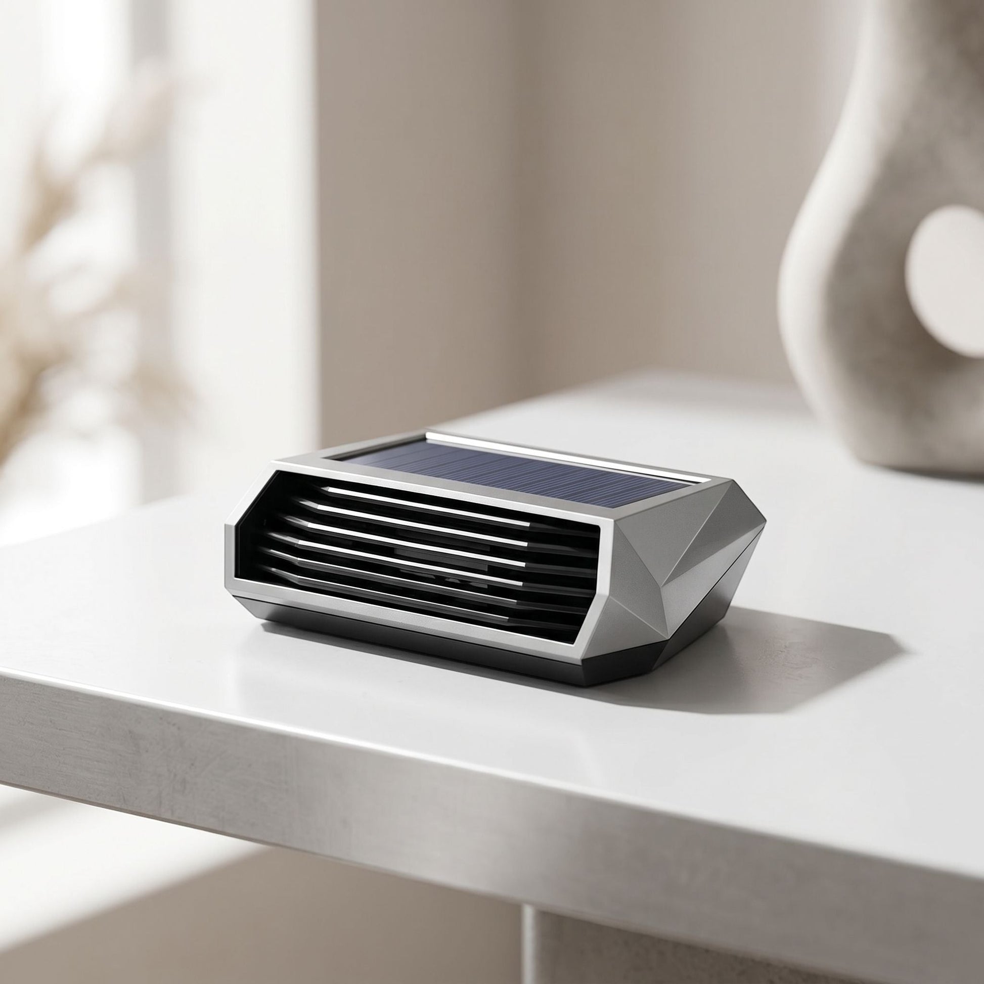 zero2cart solar-powered portable ozone deodorizer in a sleek silver geometric design for small spaces.