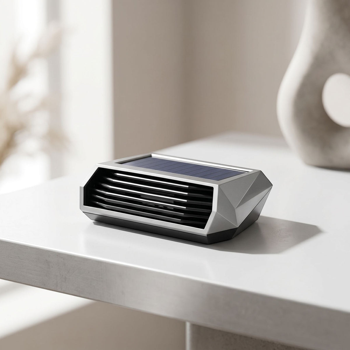 zero2cart solar-powered portable ozone deodorizer in a sleek silver geometric design for small spaces.