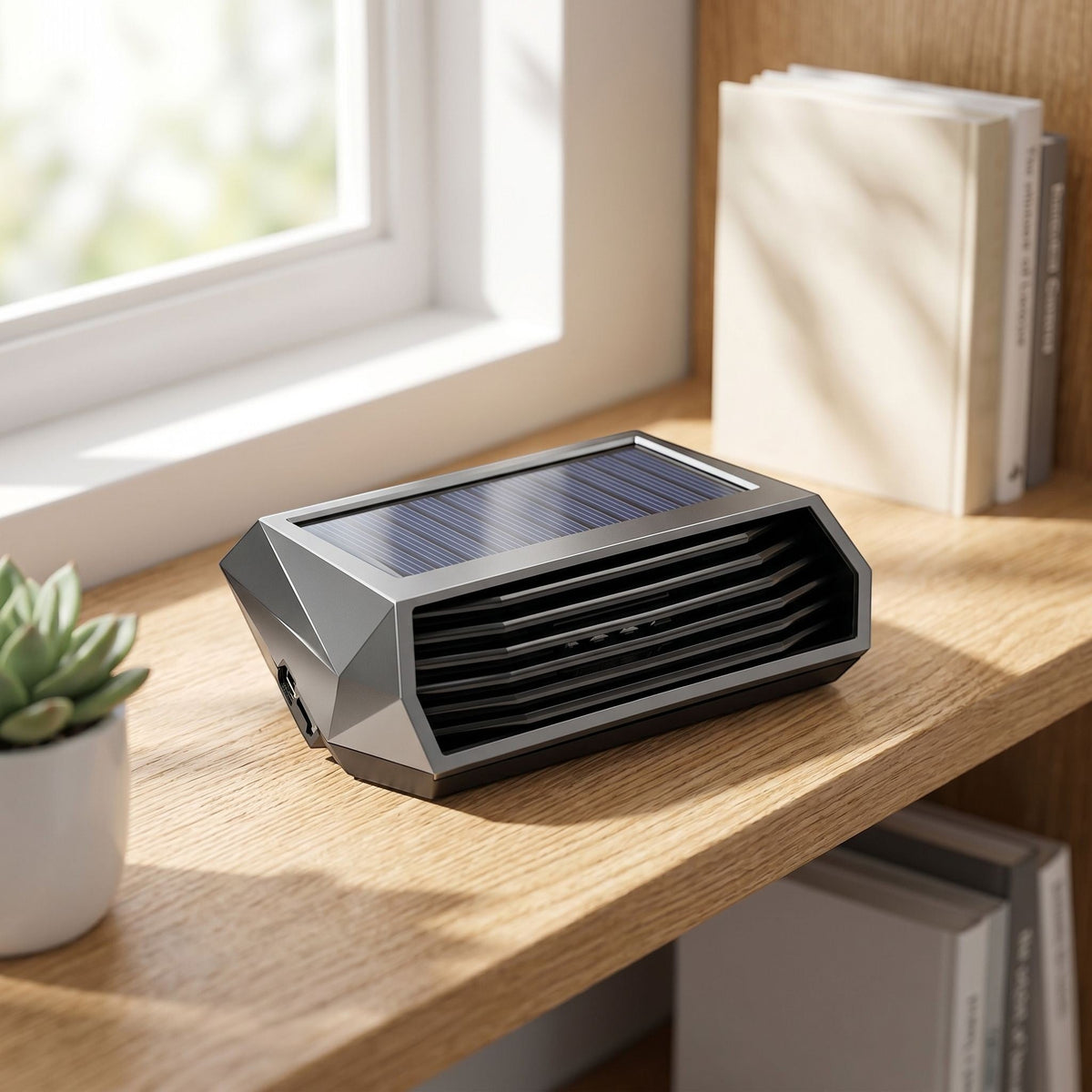 zero2cart solar-powered portable ozone deodorizer and air purifier on a wooden shelf near a window.