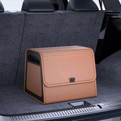 zero2cart tan PU leather magnetic car trunk organizer with a reinforced frame sitting in a vehicle cargo area