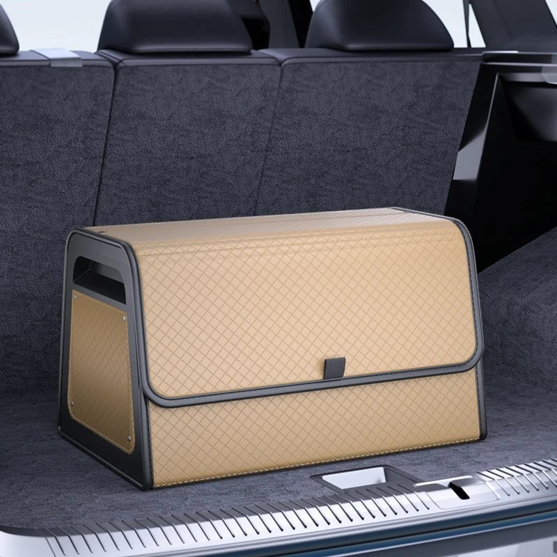 zero2cart tan PU leather magnetic car trunk organizer with a diamond-quilted pattern and reinforced ABS frame