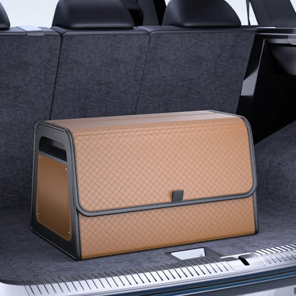 zero2cart tan PU leather magnetic car trunk organizer with a quilted texture and reinforced frame in a vehicle boot.