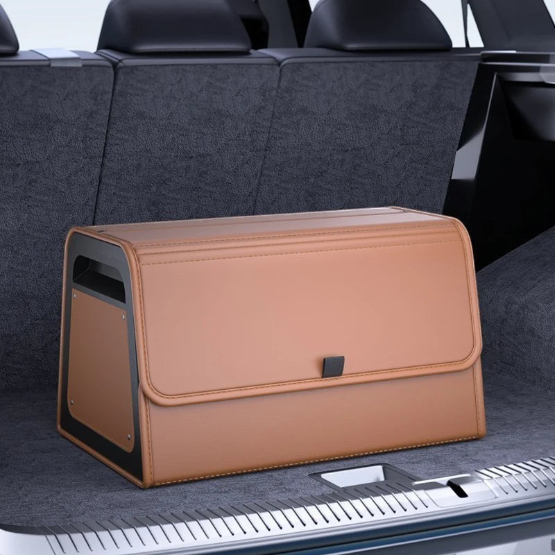 zero2cart magnetic car trunk organizer in tan PU leather with a reinforced frame, sitting in a vehicle cargo area.
