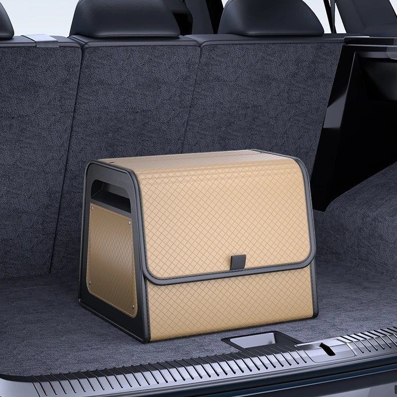 zero2cart tan quilted PU leather car trunk organizer with magnetic closure sitting in a vehicle cargo area