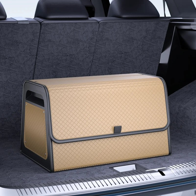 zero2cart tan PU leather magnetic car trunk organizer with a diamond-quilted pattern and reinforced ABS frame