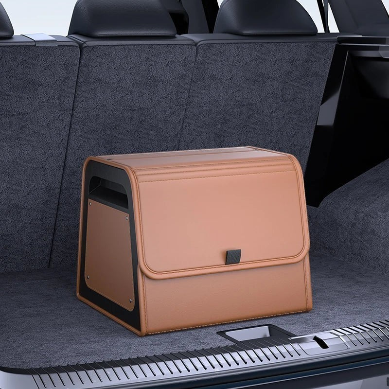 zero2cart tan PU leather magnetic car trunk organizer with a reinforced frame sitting in a vehicle cargo area