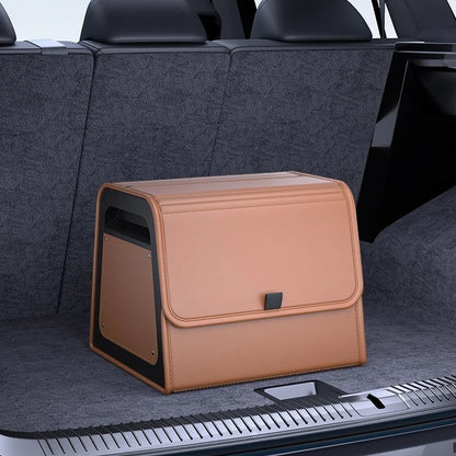zero2cart tan PU leather magnetic car trunk organizer with a reinforced frame sitting in a vehicle cargo area