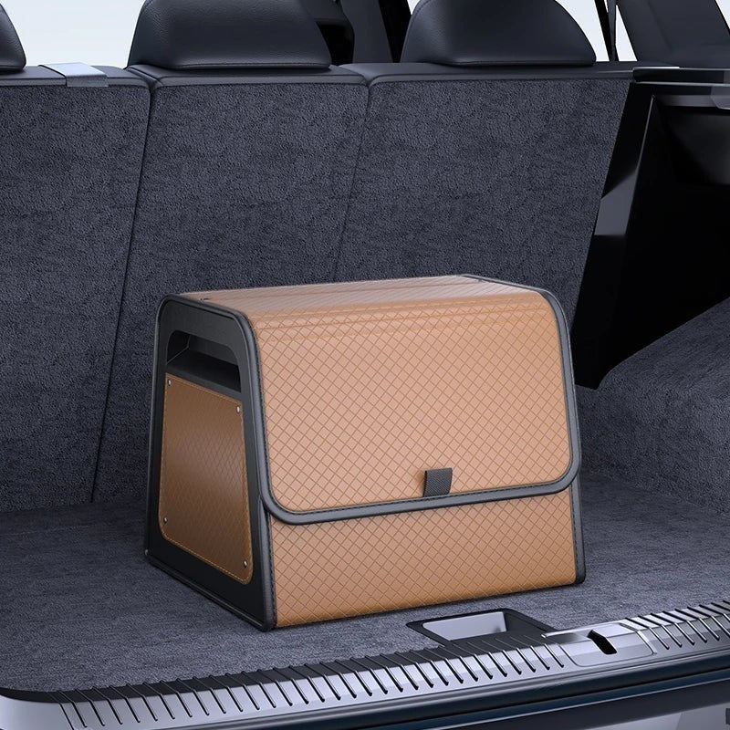 zero2cart magnetic car trunk organizer in tan PU leather with a diamond-quilted pattern inside a vehicle cargo area.