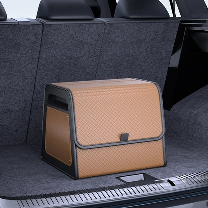 zero2cart magnetic car trunk organizer in tan PU leather with a diamond-quilted pattern inside a vehicle cargo area.
