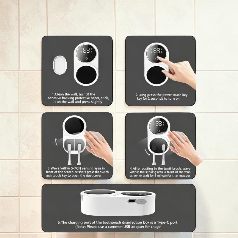 zero2cart portable toothbrush sterilizer case installation guide showing wall mounting and touch sensor operation.