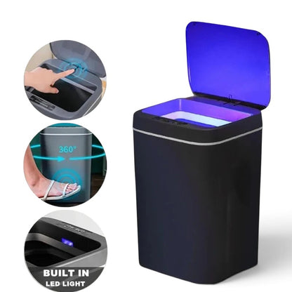 zero2cart 16L touchless sensor trash can in black with automatic lid, built-in LED light, and motion sensor.