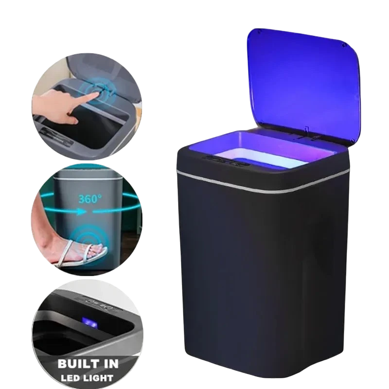 zero2cart 16L touchless sensor trash can in black with automatic lid, built-in LED light, and motion sensor.