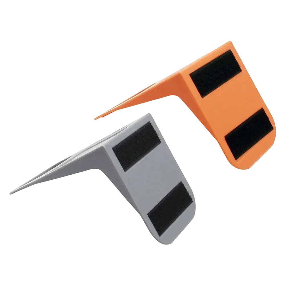 zero2cart adjustable car trunk organizer racks in grey and orange plastic with anti-slip hook and loop base strips.