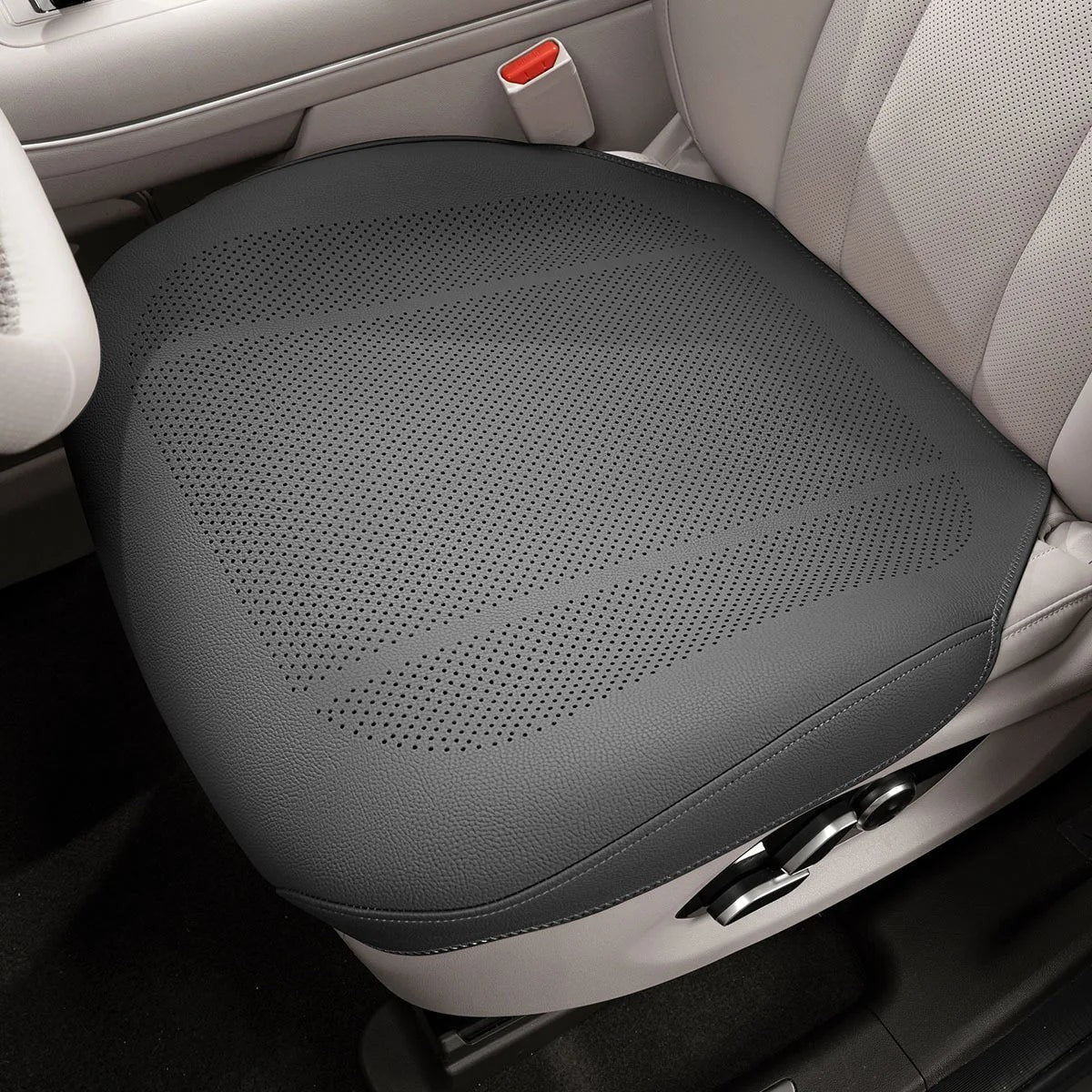 zero2cart ventilated PVC front car seat cushion in dark grey with a perforated design for all-season protection.