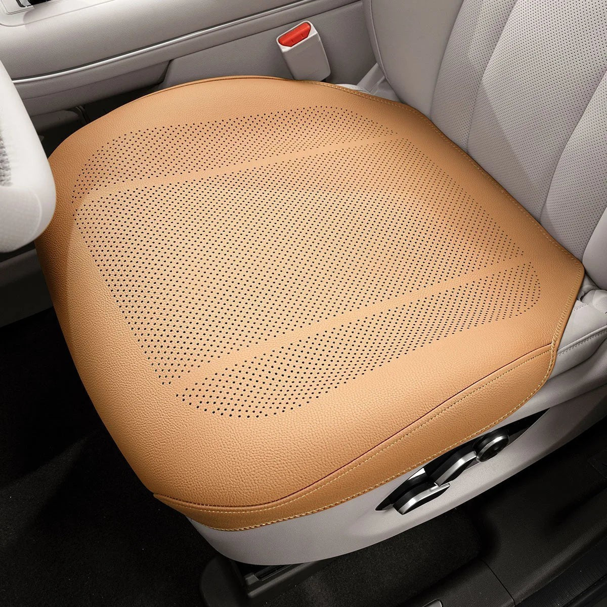 zero2cart tan PVC ventilated front car seat cushion with perforated design for everyday interior protection.