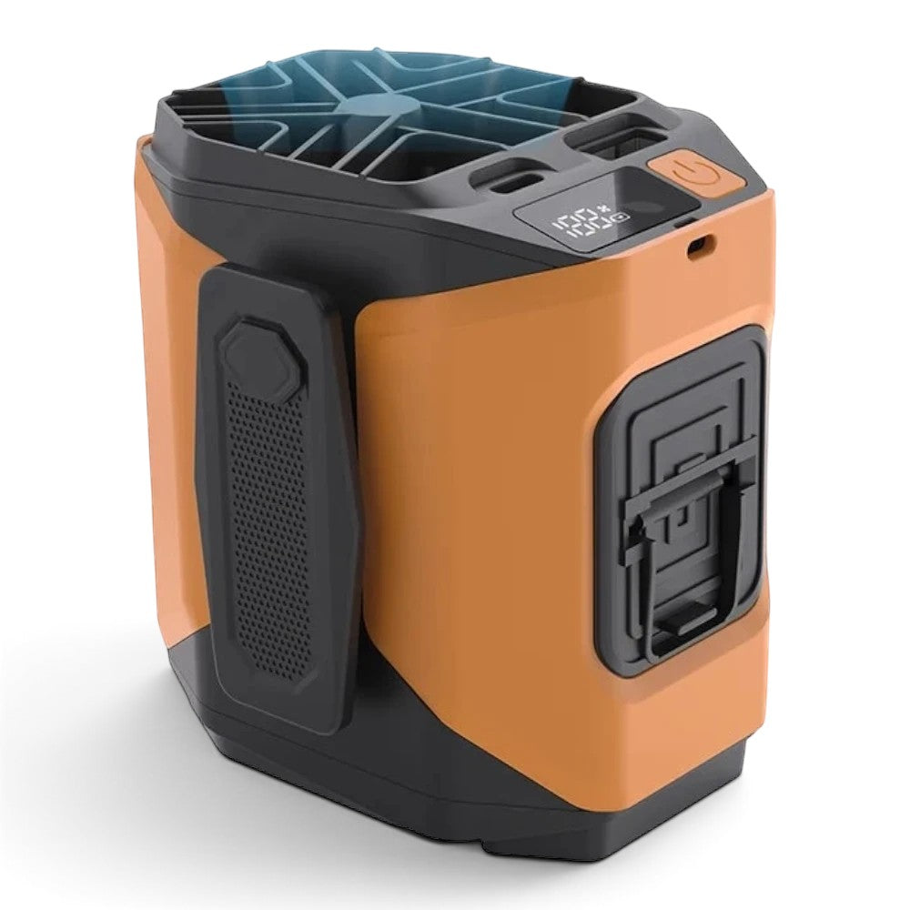 zero2cart 20000mAh rechargeable waist clip fan in orange and black with LED display and 5 speed settings.