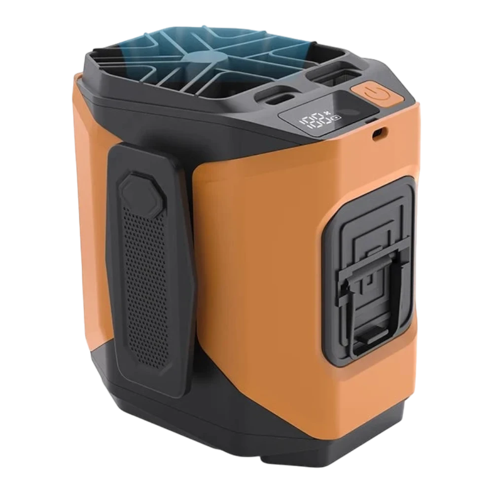 zero2cart 20000mAh rechargeable waist clip fan in orange and black with LED display and 5 speed settings.