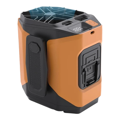 zero2cart 20000mAh rechargeable waist clip fan in orange and black with LED display and 5 speed settings.