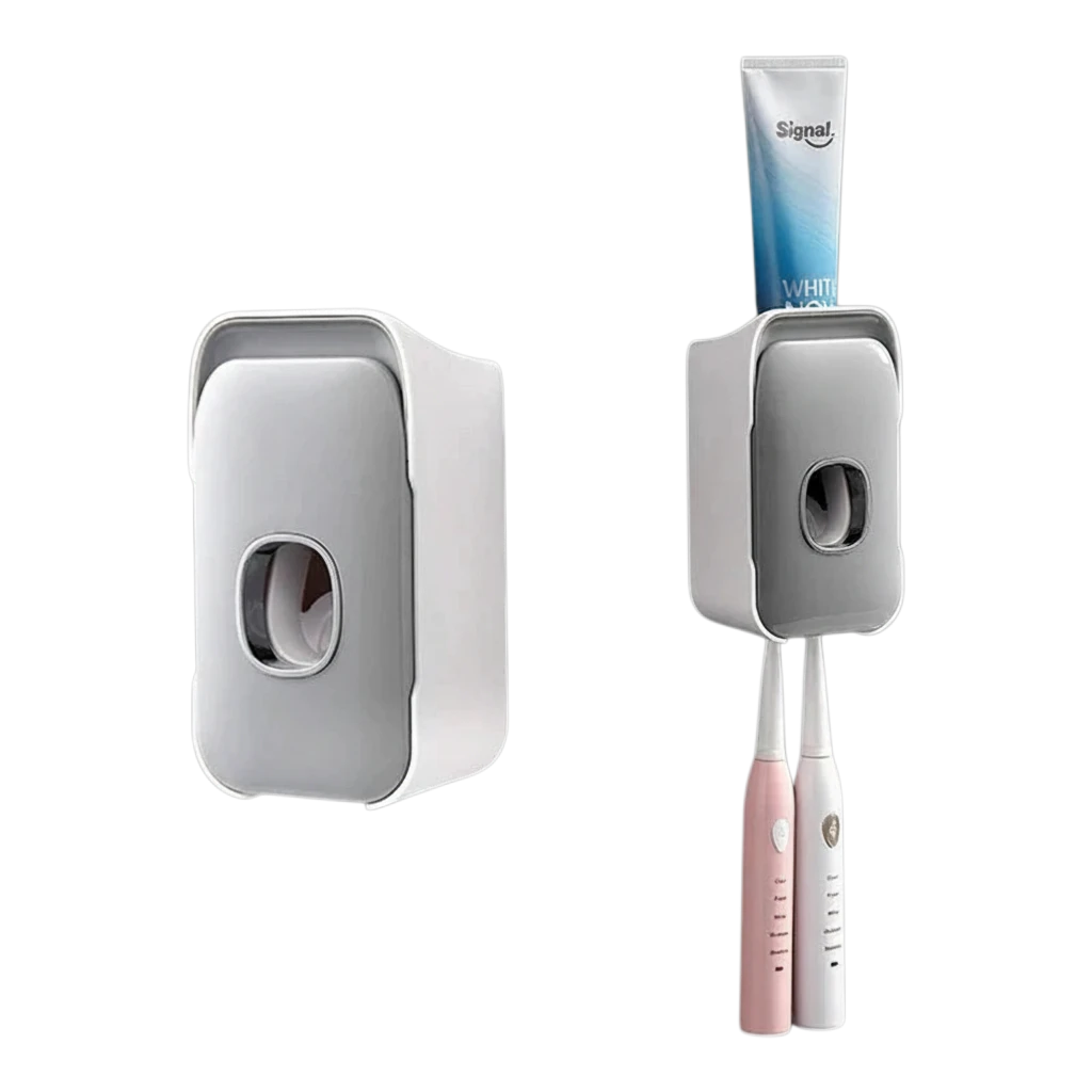 zero2cart wall-mounted plastic toothpaste dispenser and toothbrush holder in white and grey for bathroom organization