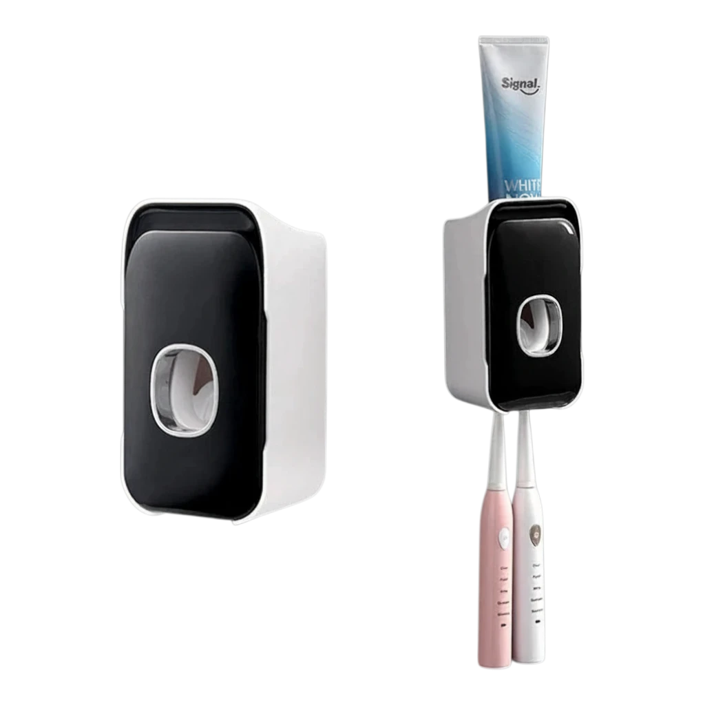 zero2cart wall-mounted plastic toothpaste dispenser and toothbrush holder in black and white for bathroom organization