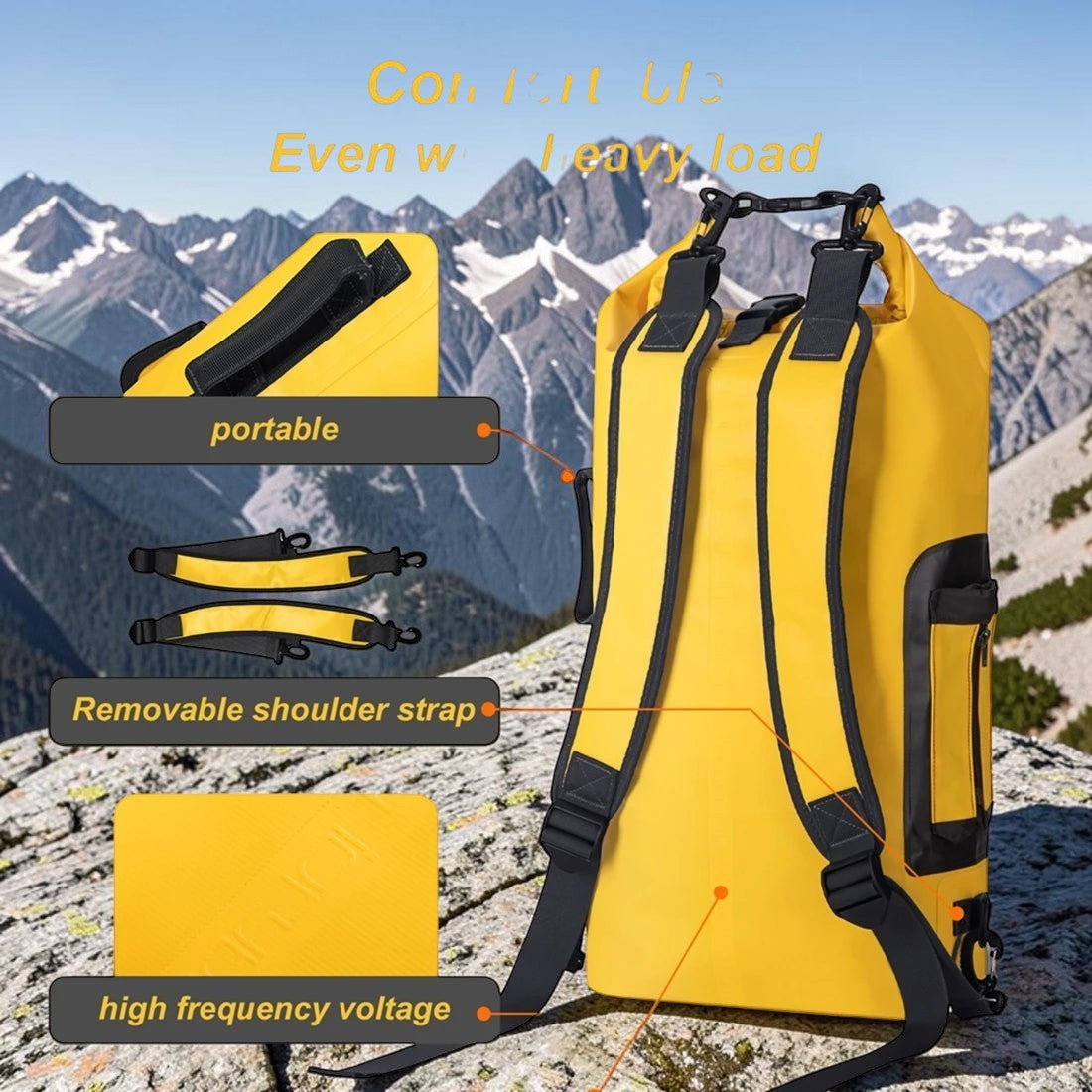 zero2cart 20L yellow waterproof PVC dry bag backpack with removable shoulder straps for kayaking and beach trips