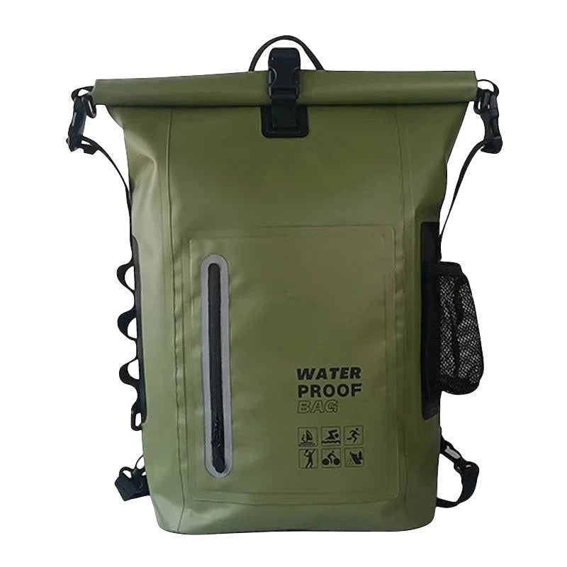 zero2cart 30L olive green waterproof PVC dry bag backpack with roll-top closure, front zipper pocket, and side mesh.