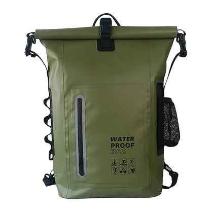 zero2cart 30L olive green waterproof PVC dry bag backpack with roll-top closure, front zipper pocket, and side mesh.
