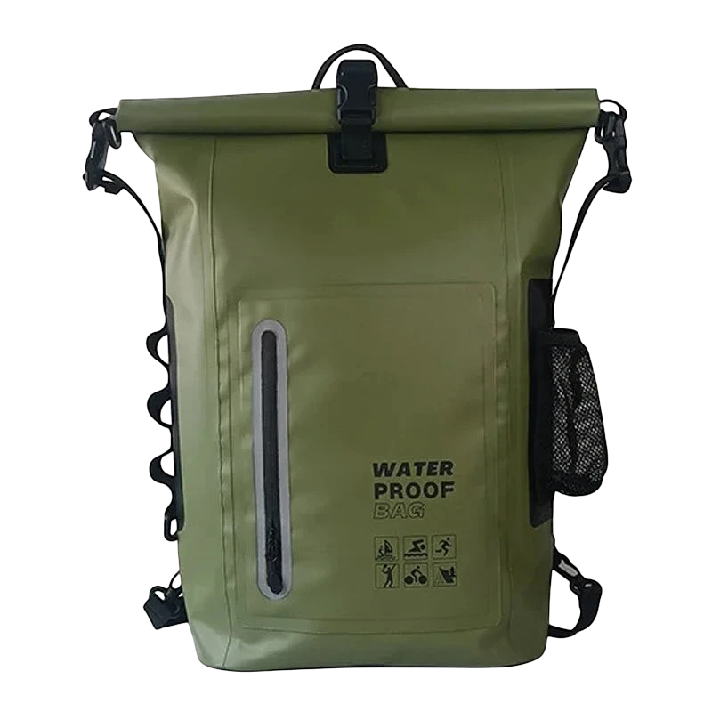 zero2cart 30L olive green waterproof PVC dry bag backpack with roll-top closure, front zipper pocket, and side mesh.