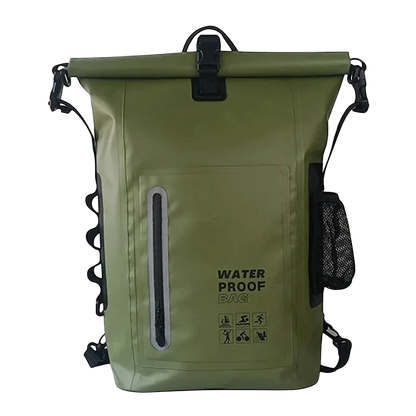 zero2cart 30L olive green waterproof PVC dry bag backpack with roll-top closure, front zipper pocket, and side mesh.