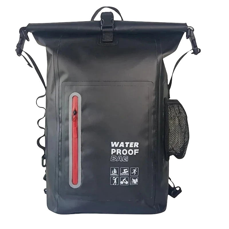 zero2cart 30L black waterproof dry bag backpack with roll-top closure, front red zipper pocket, and side mesh pocket.