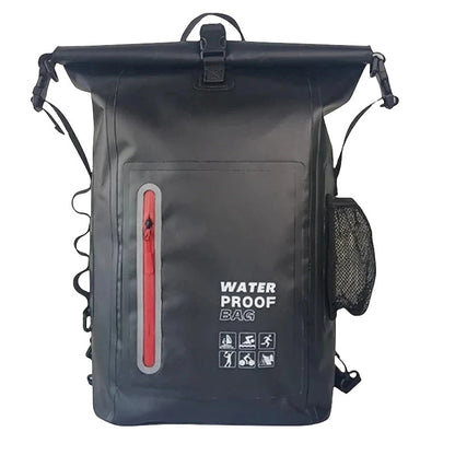 zero2cart 30L black waterproof dry bag backpack with roll-top closure, front red zipper pocket, and side mesh pocket.