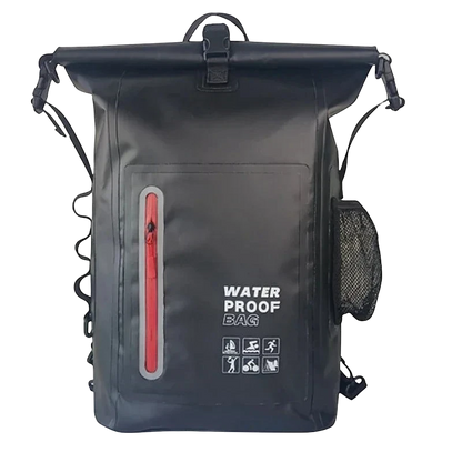 zero2cart 30L black waterproof dry bag backpack with roll-top closure, front red zipper pocket, and side mesh pocket.
