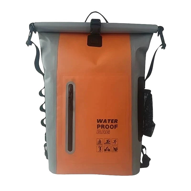 zero2cart 30L waterproof dry bag backpack in orange and grey PVC with roll-top closure and front zipper pocket.