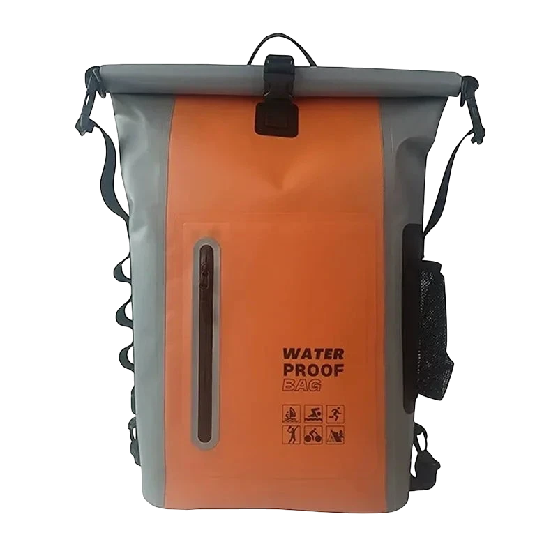 zero2cart 30L waterproof dry bag backpack in orange and grey PVC with roll-top closure and front zipper pocket.