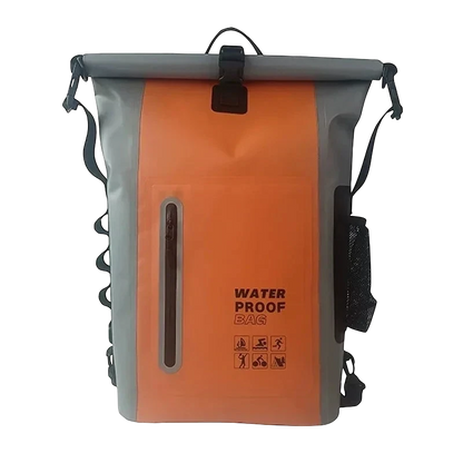 zero2cart 30L waterproof dry bag backpack in orange and grey PVC with roll-top closure and front zipper pocket.