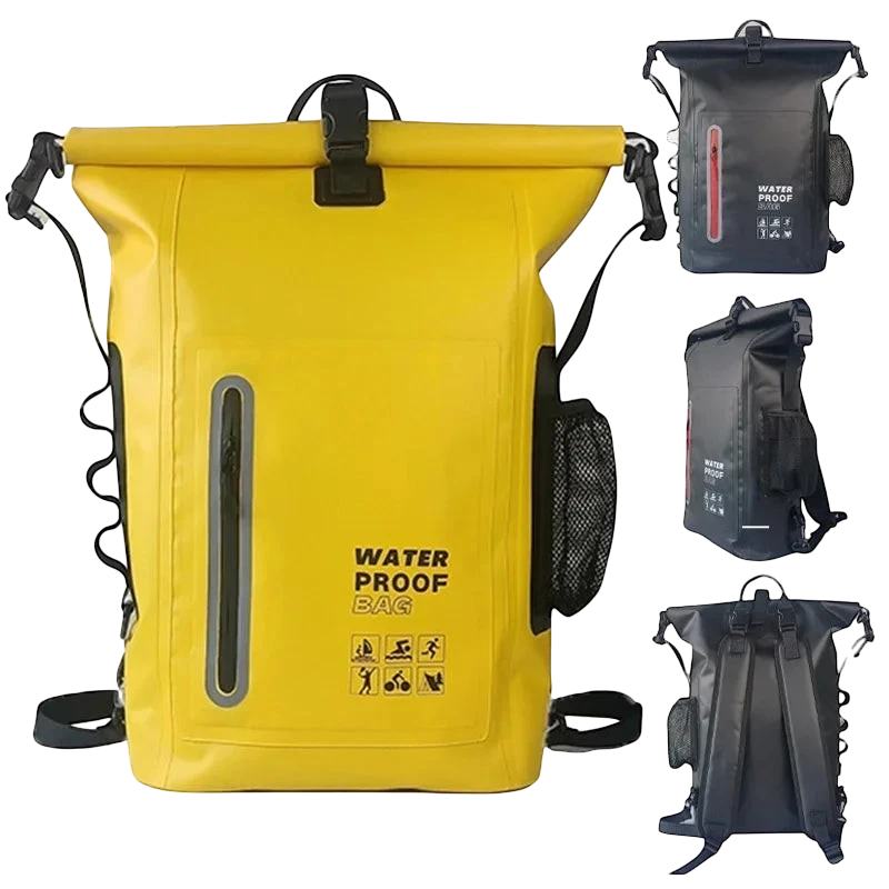 zero2cart 30L yellow waterproof dry bag backpack with roll-top closure, front zipper pocket, and side mesh pocket.