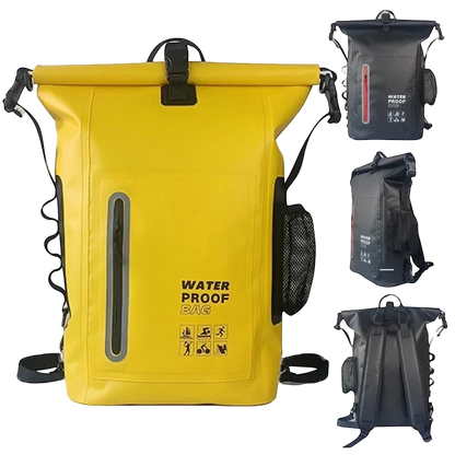 zero2cart 30L yellow waterproof dry bag backpack with roll-top closure, front zipper pocket, and side mesh pocket.